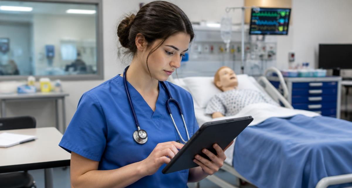 Senior nursing student reviewing case notes in a simulation lab before the HESI Exit