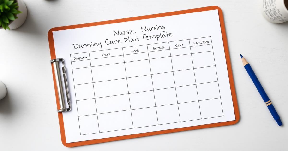 Nursing care plan template on a clipboard with columns for diagnosis, goals and interventions