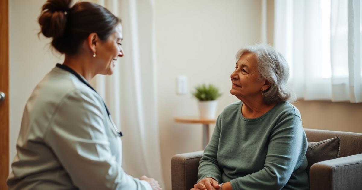 Compassionate psychiatric nurse in a calm therapy room talking with an older adult client
