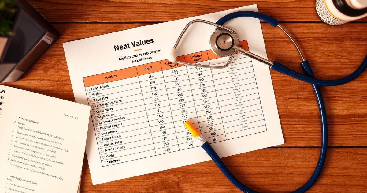 Printed NCLEX lab values cheat sheet on a wooden desk with a stethoscope