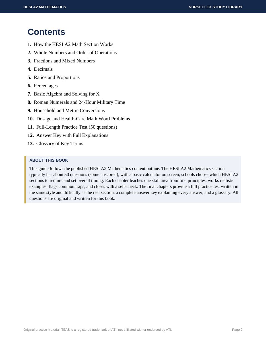 HESI A2 Complete Study Guide: Four Core Sections - Contents