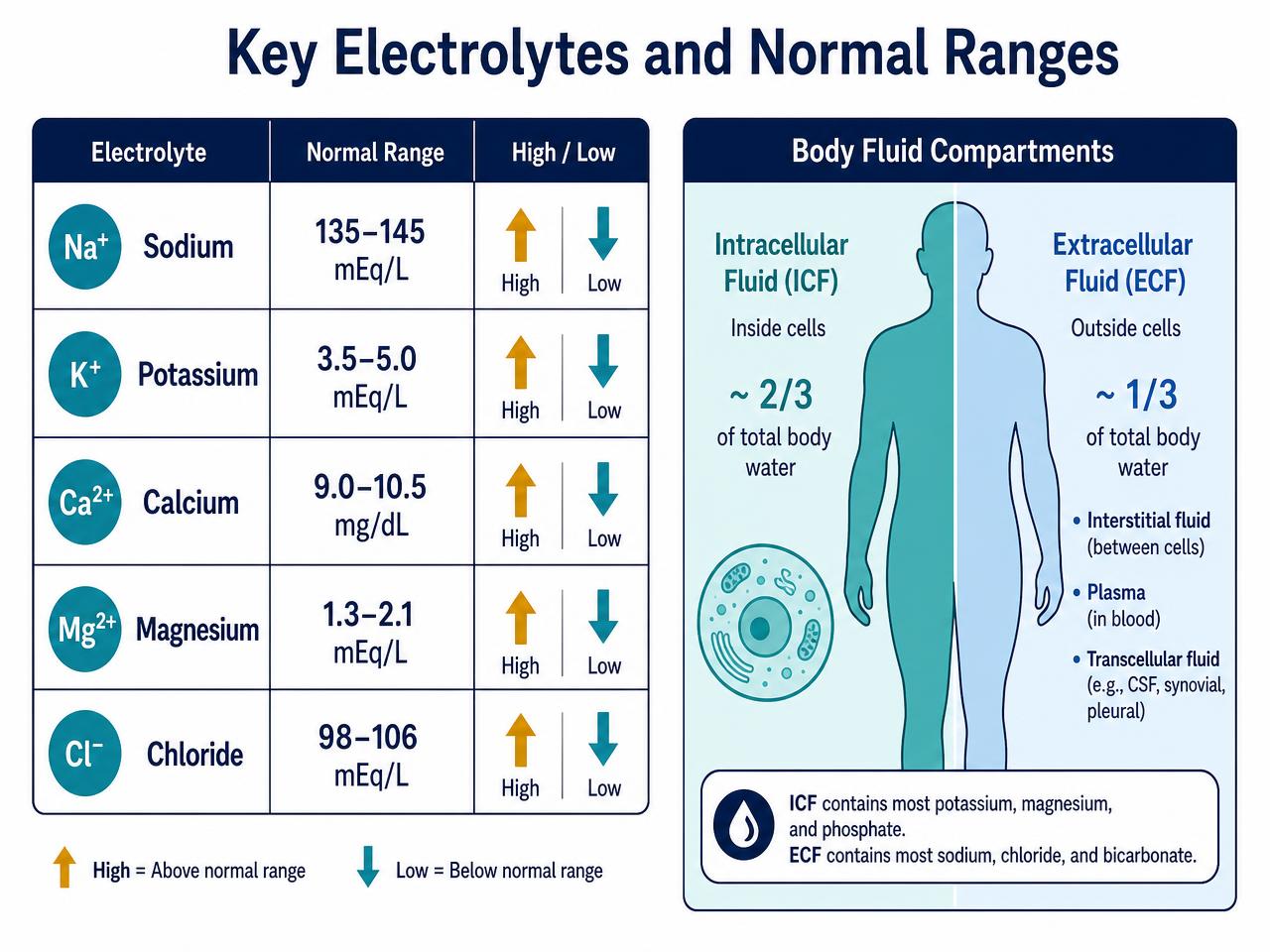 Chart of key electrolyte normal ranges with fluid compartment diagram