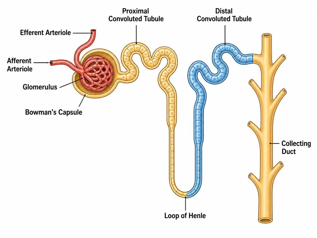 Labelled nephron showing glomerulus, tubules and collecting duct