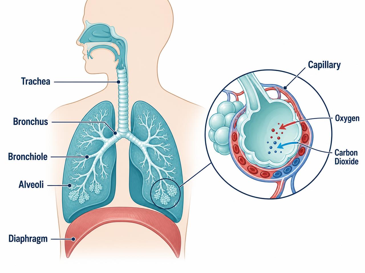 Labelled lungs and alveolar-capillary gas exchange diagram